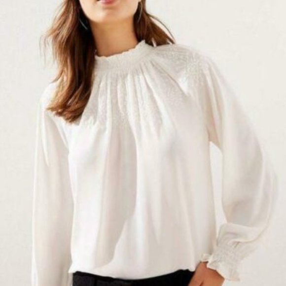 LOFT Tops - LOFT NWT Cream Embroidered High Neck Blouse